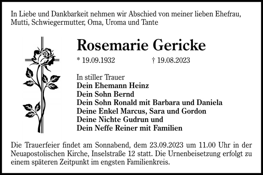 Traueranzeige Rosemarie Gericke