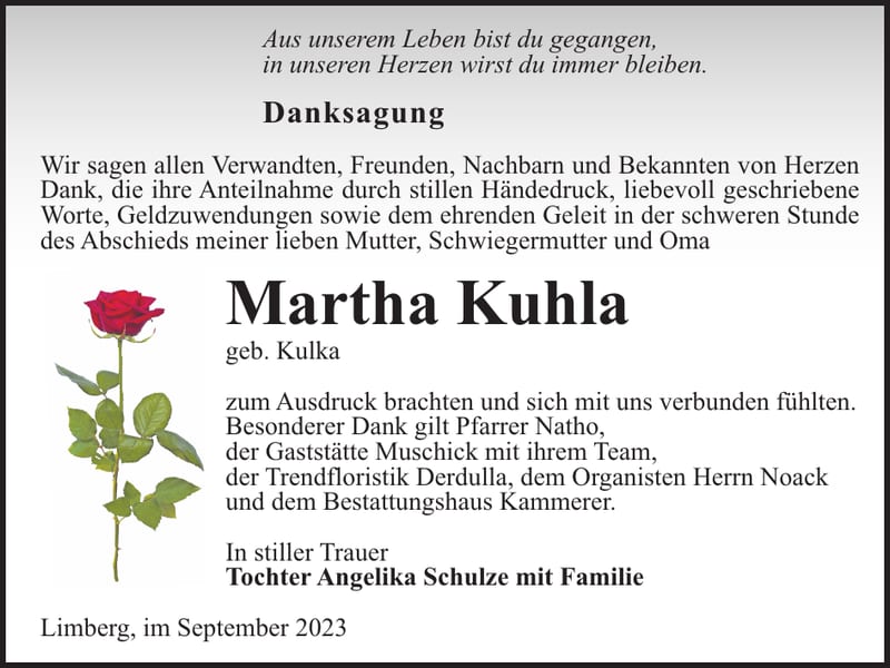 Danksagung Martha Kuhla, geb. Kulka