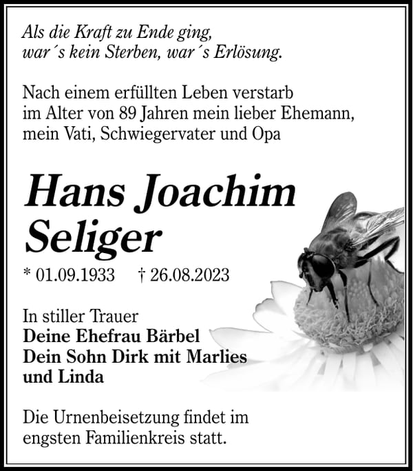 Traueranzeige Hans Joachim Seliger
