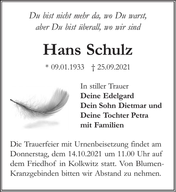 Traueranzeige Hans Schulz