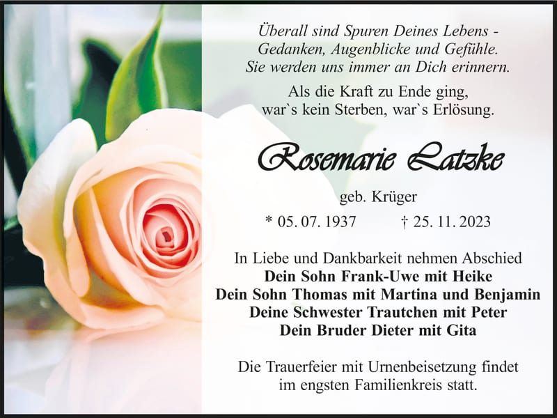 Traueranzeige Rosemarie Latzke, geb. Krüger