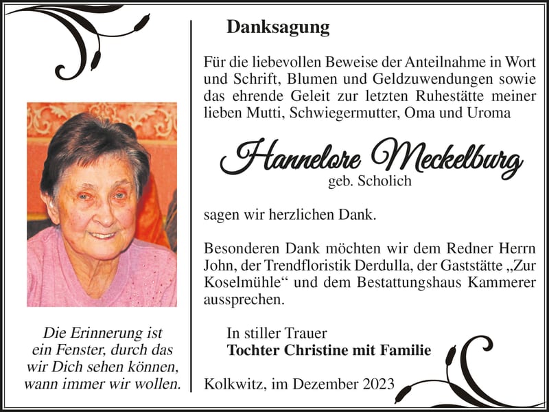 Danksagung Hannelore Meckelburg, geb. Scholich