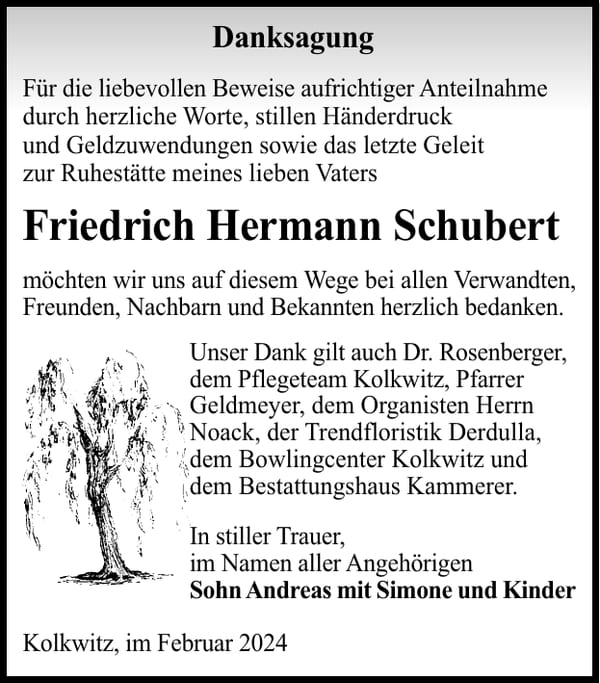 Danksagung Friedrich Hermann Schubert