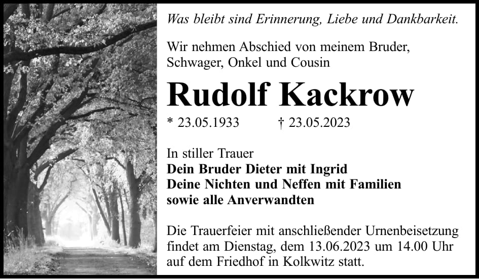 Traueranzeige Rudolf Kackrow