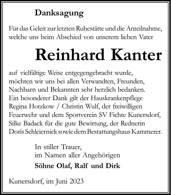 Danksagung Reinhard Kanter