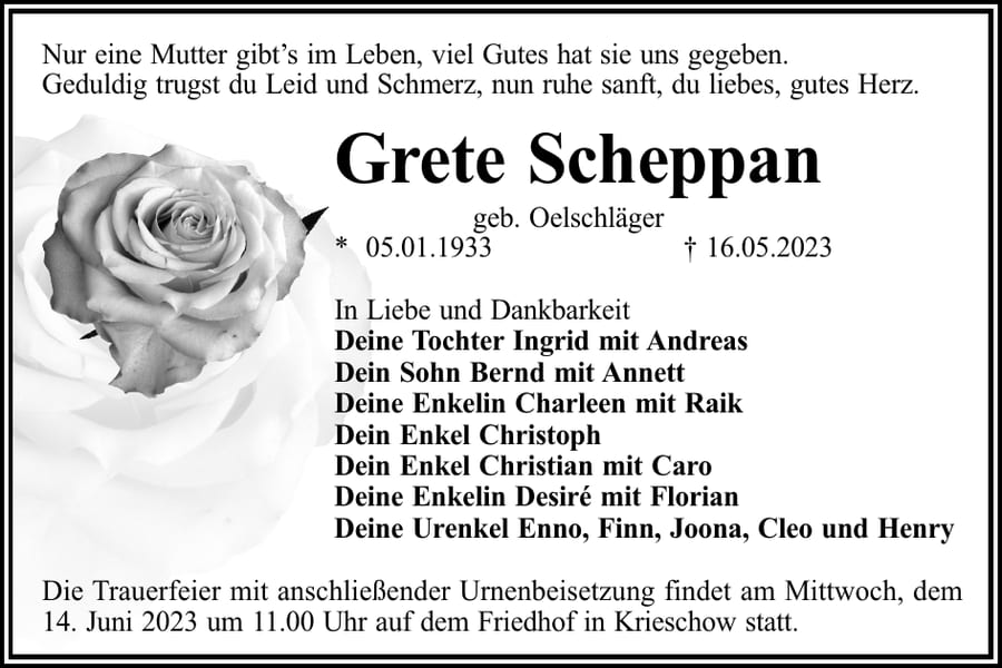 Traueranzeige Grete Scheppan, geb. Oelschläger