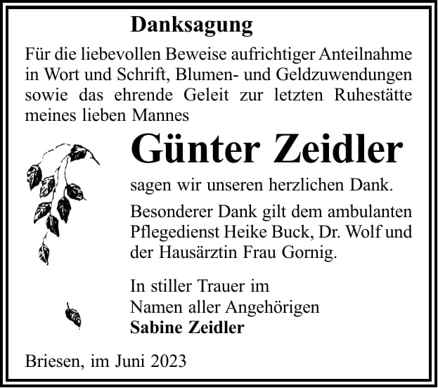 Danksagung Günter Zeidler
