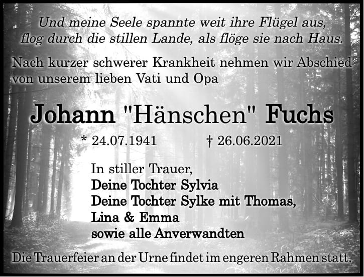 Traueranzeige Johann „Hänschen“ Fuchs