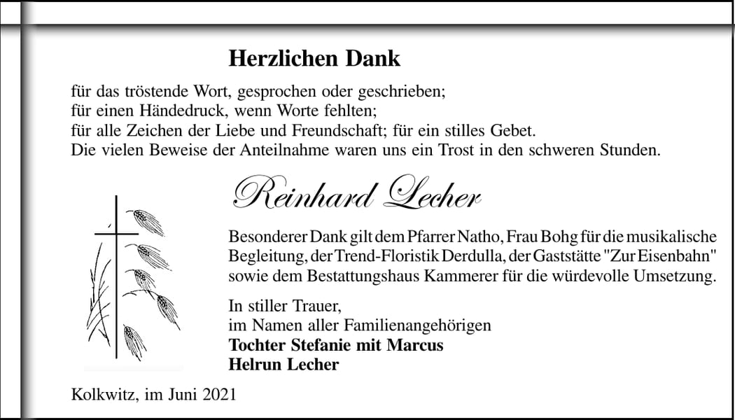 Danksagung Reinhard Lecher