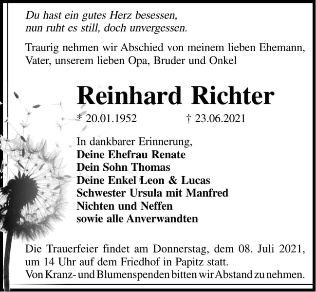 Traueranzeige Reinhard Richter
