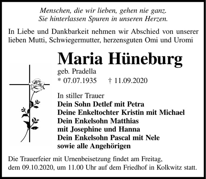 Traueranzeige Maria Hüneburg, geb. Pradella
