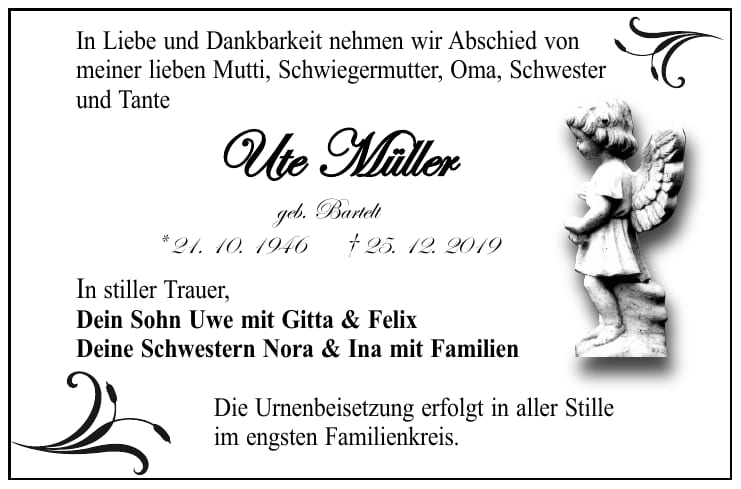 Traueranzeige Ute Müller, geb. Bartelt