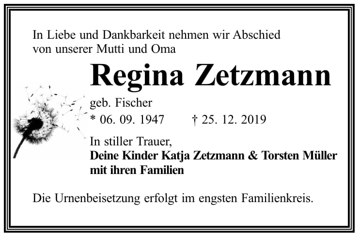 Traueranzeige Regina Zetzmann, geb. Fischer