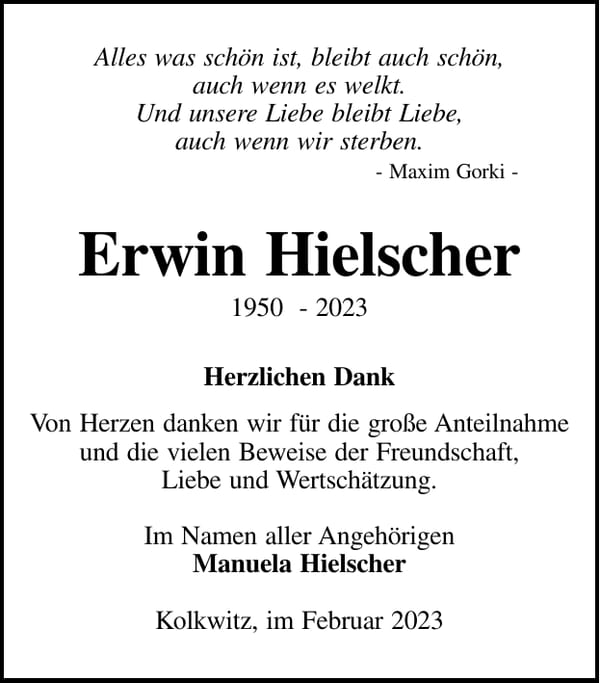 Danksagung Erwin Hielscher