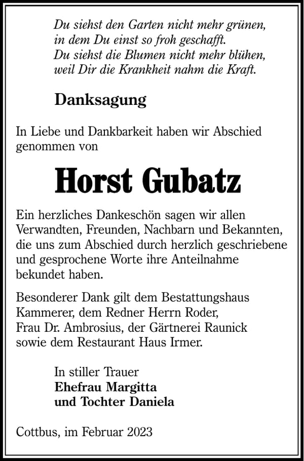 Danksagung Horst Gubatz