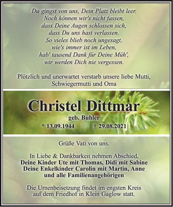 Traueranzeige Christel Dittmar, geb. Buhler
