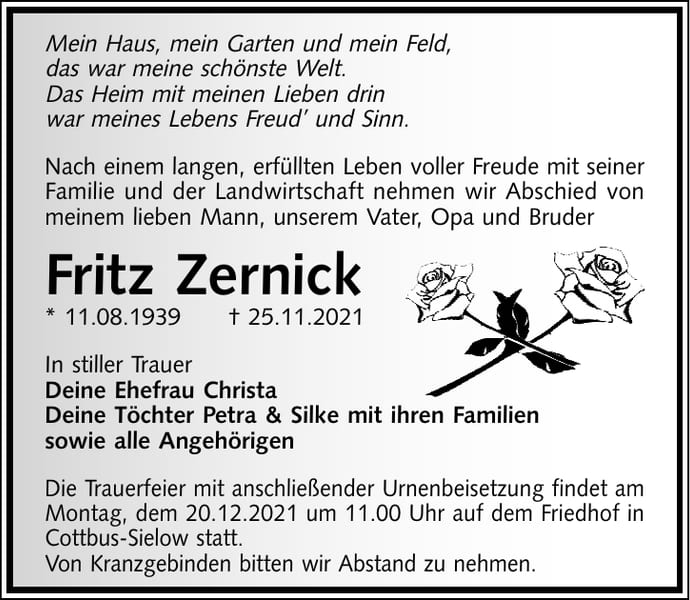Traueranzeige Fritz Zernick