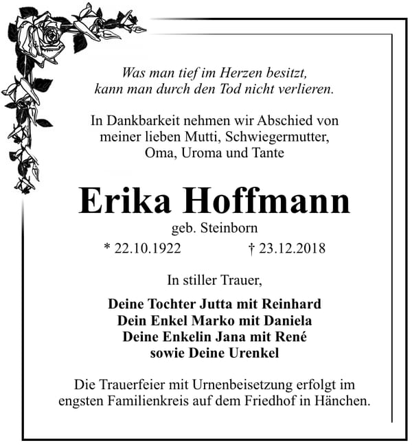 Traueranzeige Erika Hoffmann, geb. Steinborn
