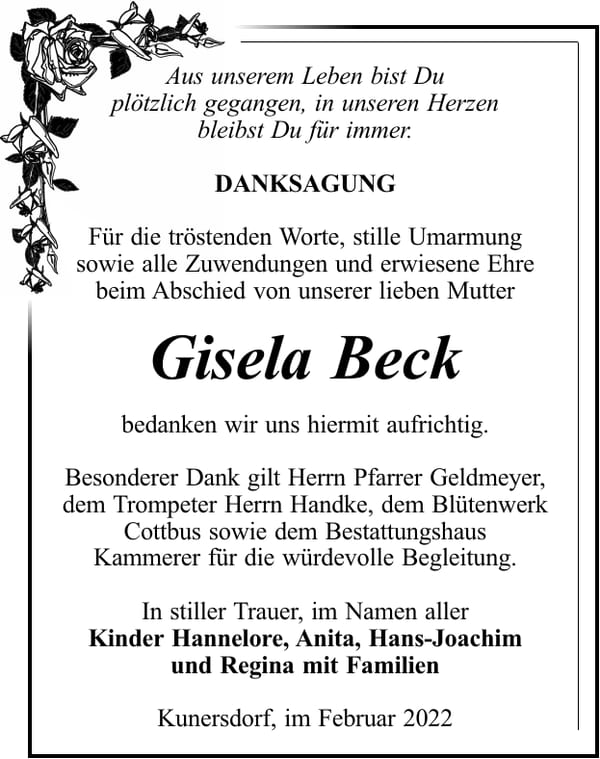 Danksagung Gisela Beck