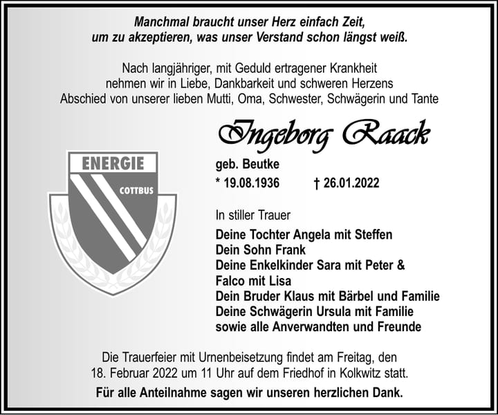 Traueranzeige Ingeborg Raack, geb. Beutke