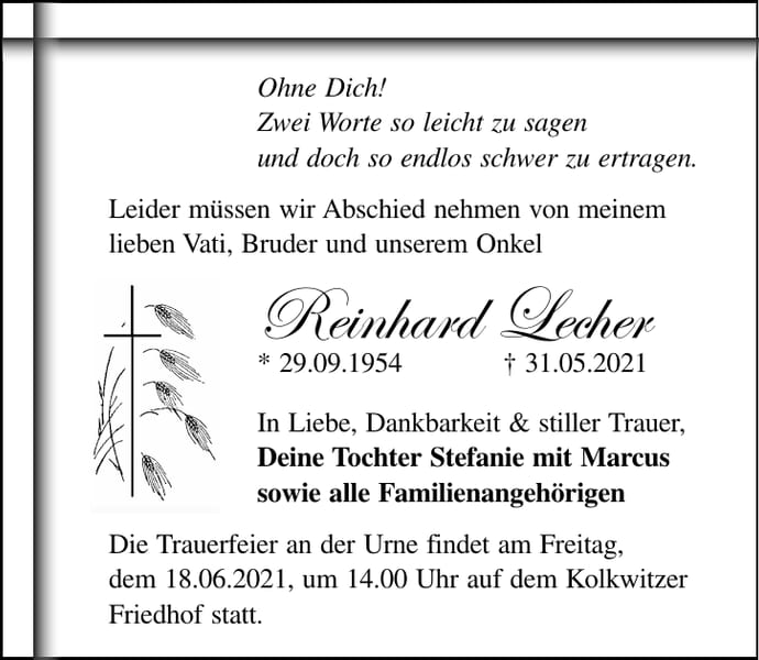 Traueranzeige Reinhard Lecher