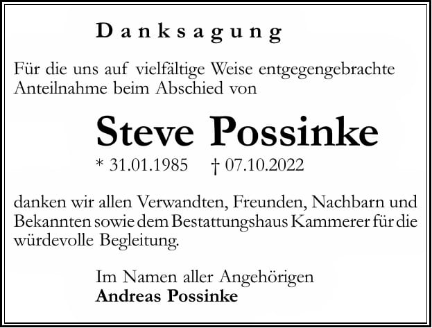 Danksagung Steve Possinke