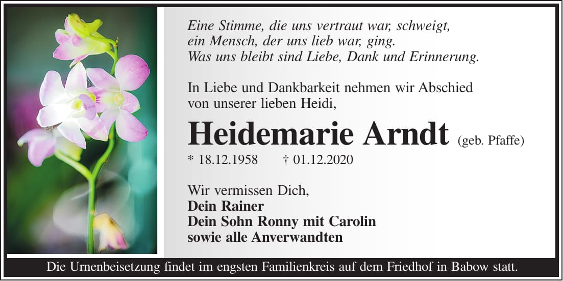 Traueranzeige Heidemarie Arndt, geb. Pfaffe
