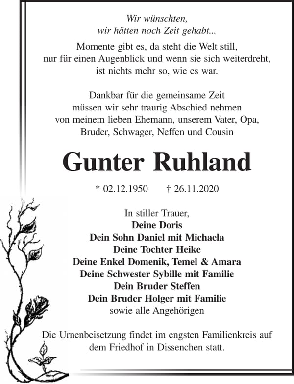 Traueranzeige Gunter Ruhland