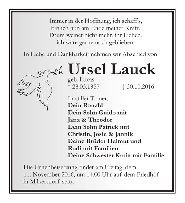 Traueranzeige Ursel Lauck, geb. Lucas