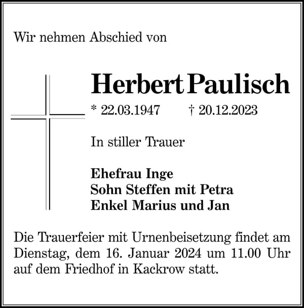 Traueranzeige Herbert Paulisch