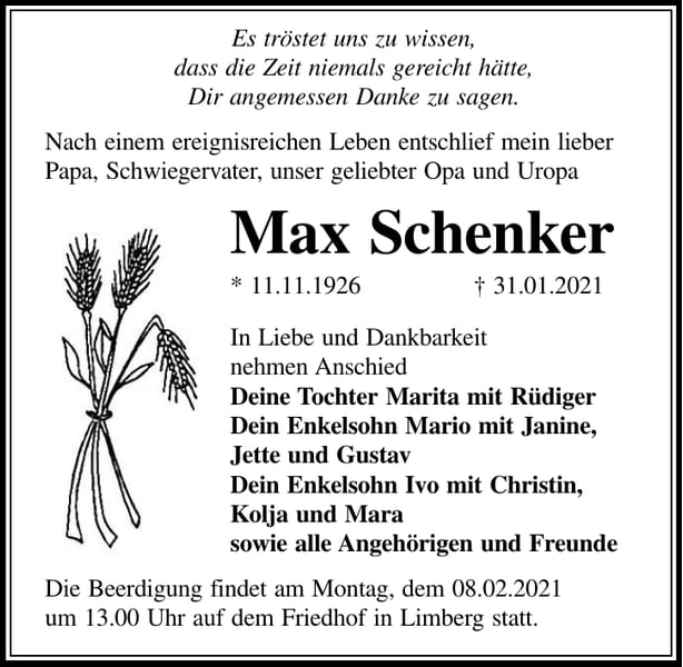 Traueranzeige Max Schenker