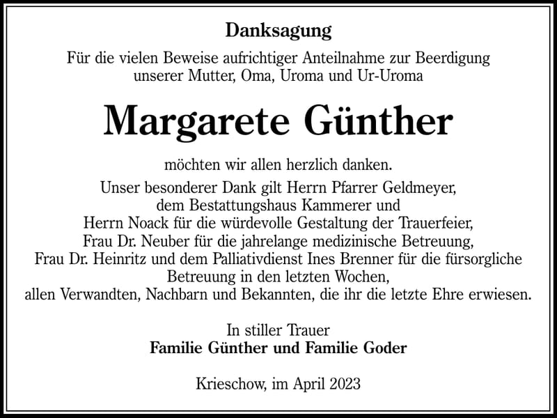 Danksagung Margarete Günther
