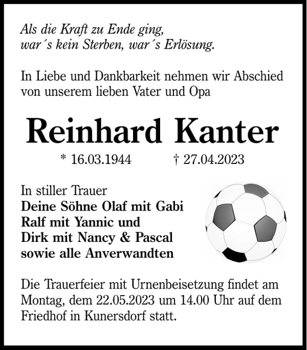 Traueranzeige Reinhard Kanter