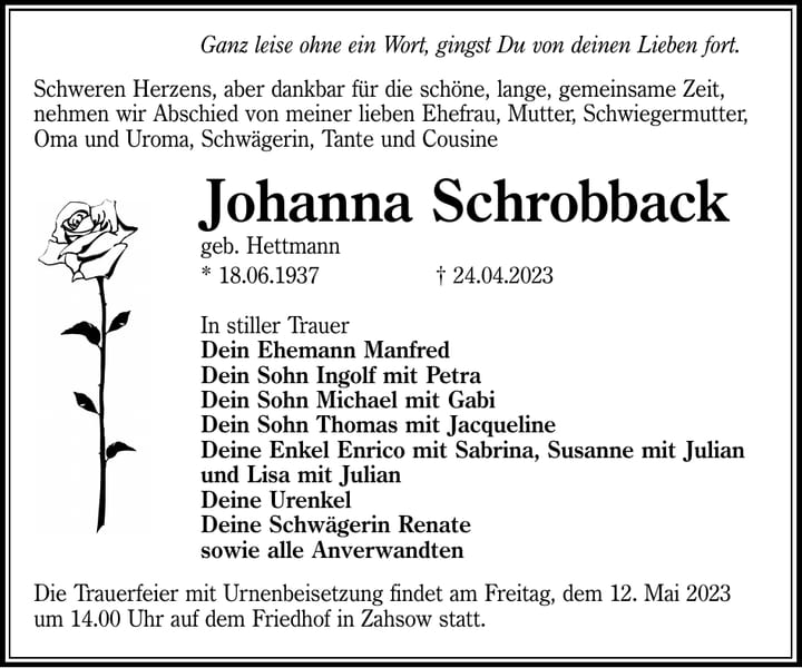 Traueranzeige Johanna Schrobback, geb. Hettmann