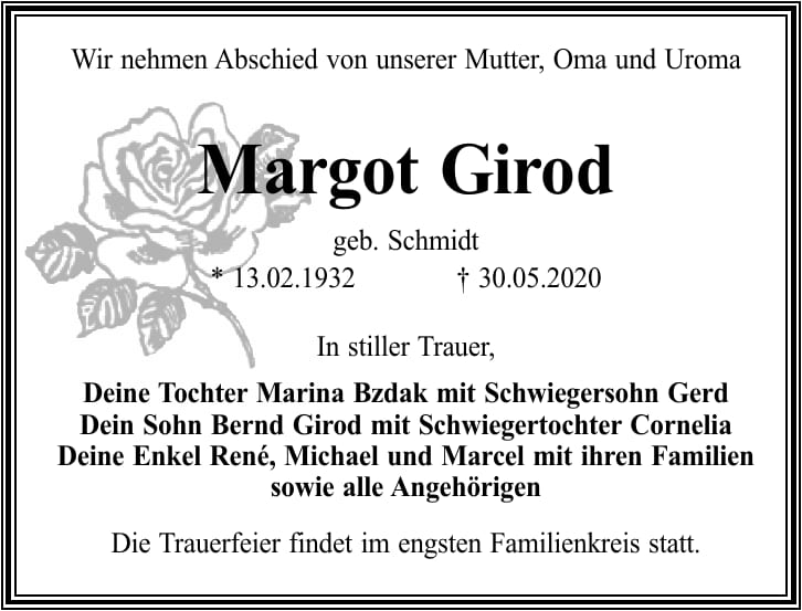 Traueranzeige Margot Girod, geb. Schmidt