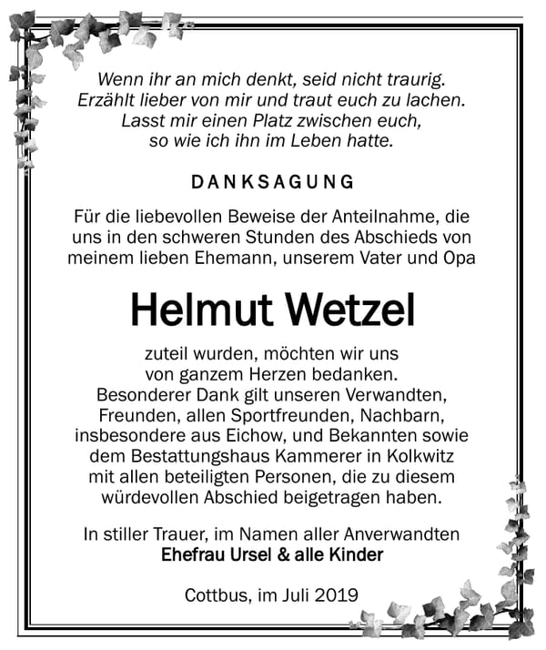 Traueranzeige Helmut Wetzel