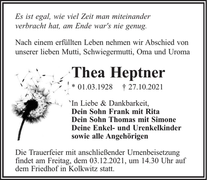 Traueranzeige Thea Heptner