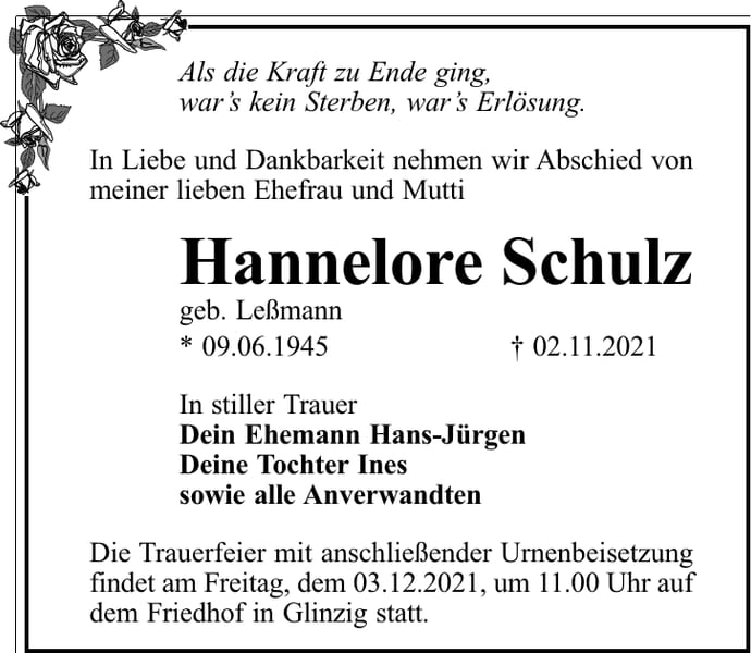 Traueranzeige Hannelore Schulz, geb. Leßmann