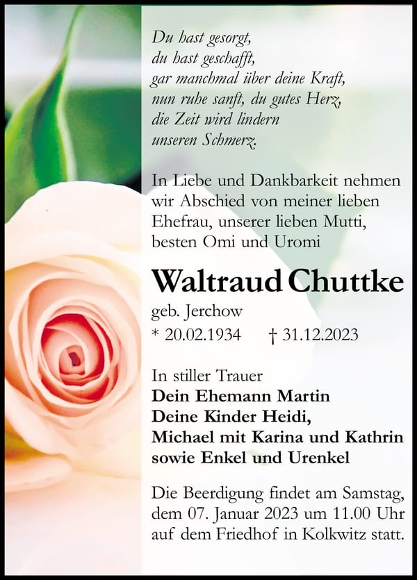 Traueranzeige Waltraud Chuttke, geb. Jerchow