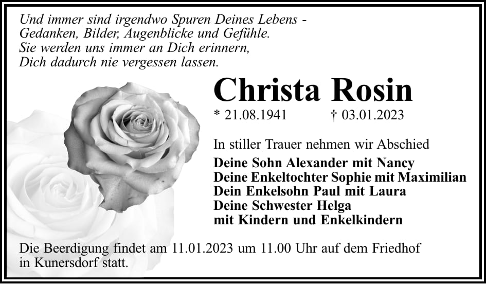 Traueranzeige Christa Rosin