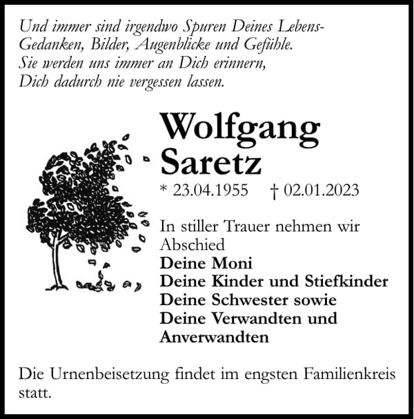 Traueranzeige Wolfgang Saretz