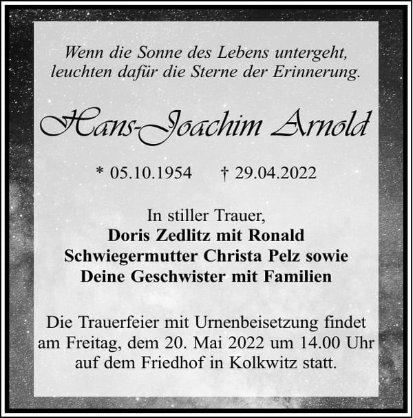 Traueranzeige Hans-Joachim Arnold