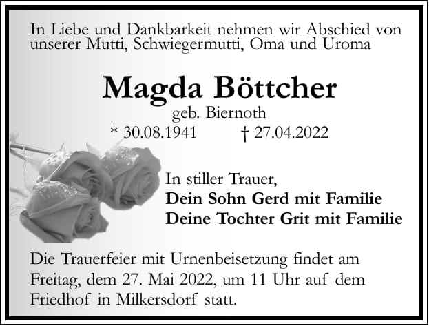 Traueranzeige Magda Böttcher, geb. Biernoth
