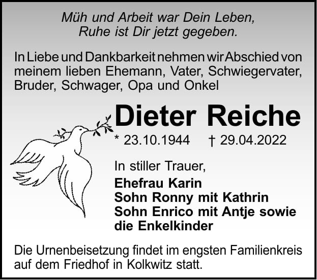 Traueranzeige Dieter Reiche