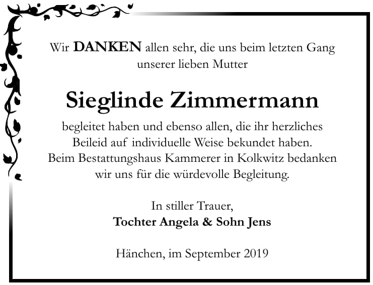 Danksagung Sieglinde Zimmermann