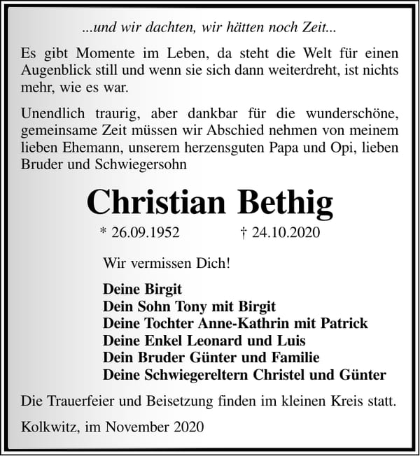 Traueranzeige Christian Bethig
