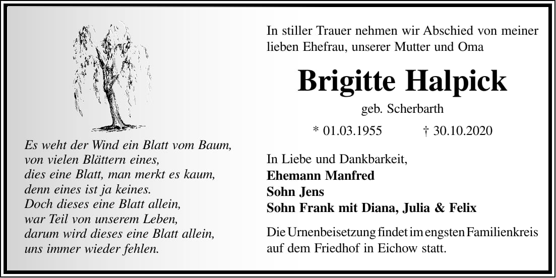 Traueranzeige Brigitte Halpick, geb. Scherbarth