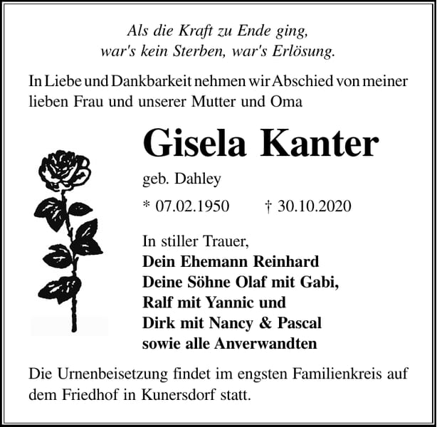 Traueranzeige Gisela Kanter, geb. Dahley