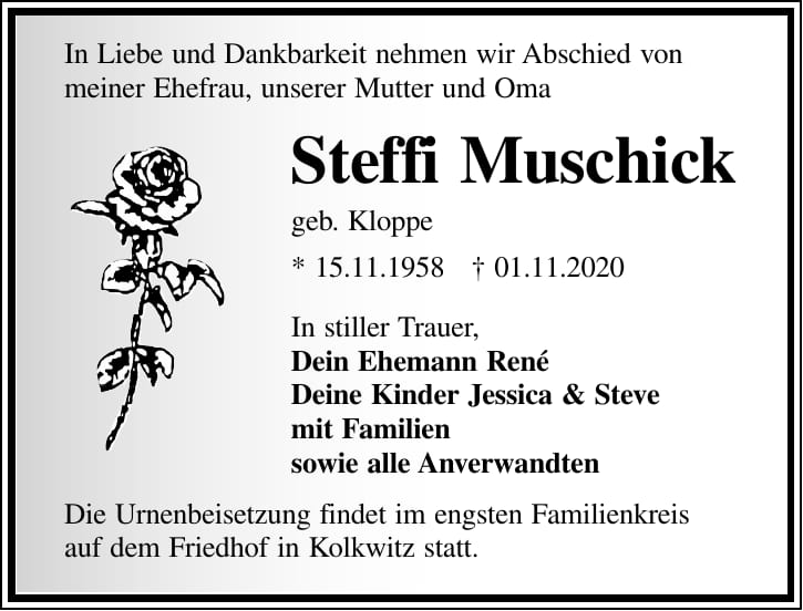 Traueranzeige Steffi Muschick, geb. Kloppe