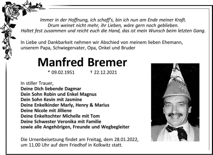 Traueranzeige Manfred Bremer